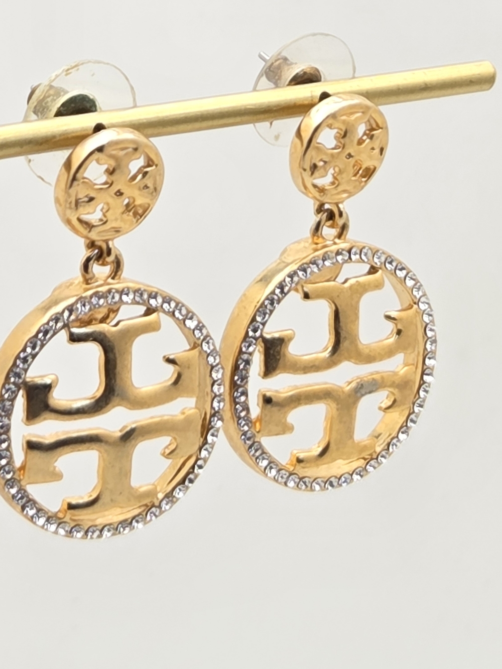 Tory Burch Miller Crystal Pavé Logo Drop Earrings Gold Tone